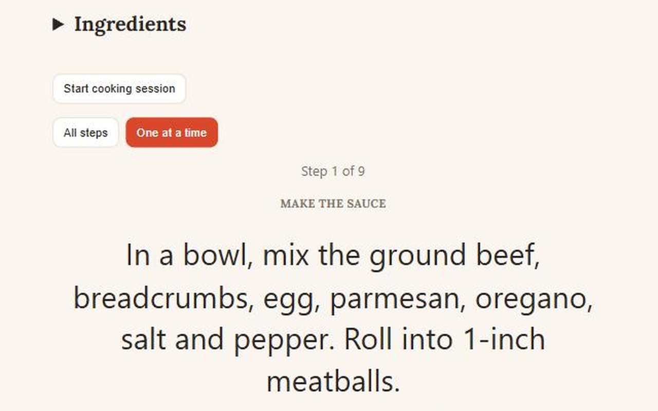 Cook mode's one-step-at-a-time view, showing "Step 1 of 9, Make the sauce" in large text with Previous and Next buttons