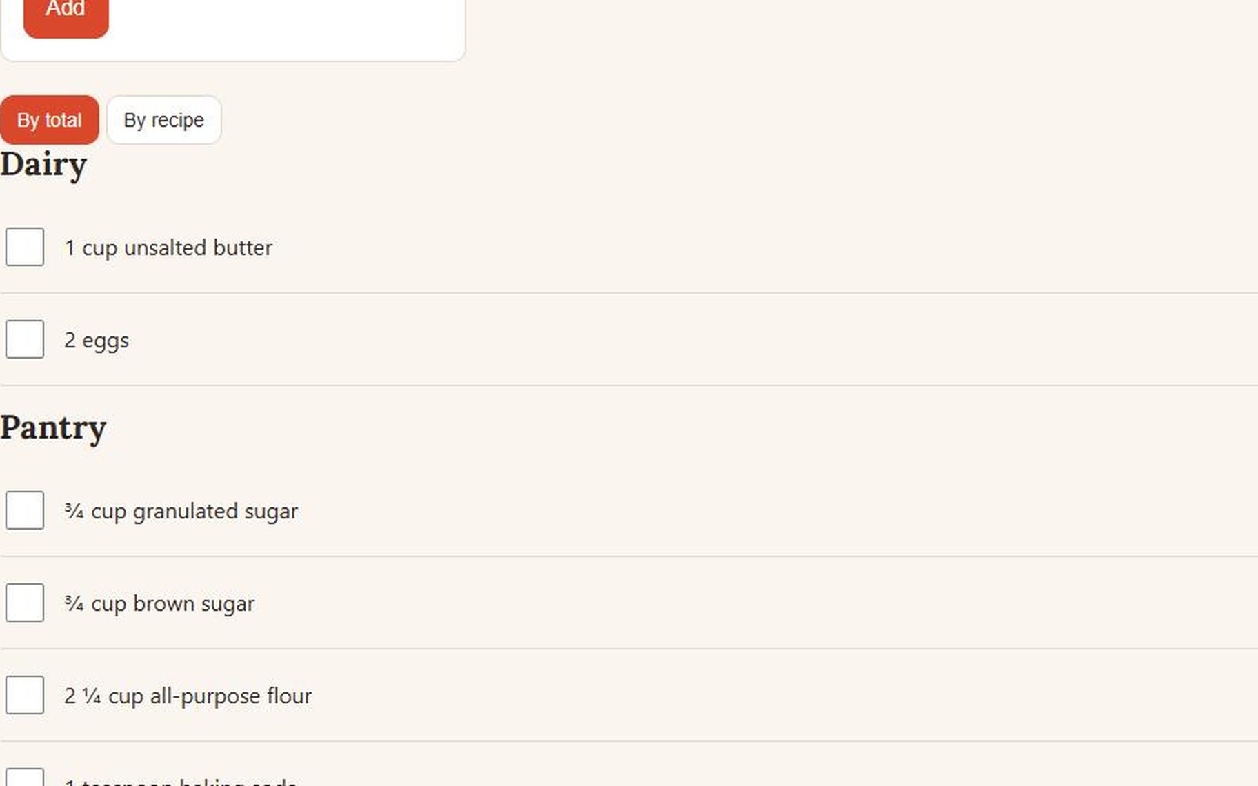 A shopping list grouped by aisle, with Dairy and Pantry sections showing merged amounts like "2¼ cup all-purpose flour"